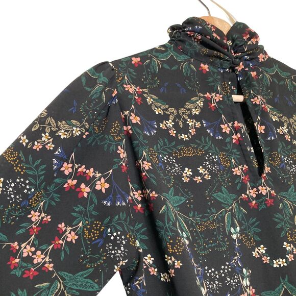VERONICA M Black Floral Blouse Size Small Turtleneck Tie Sleeves - Picture 8 of 12